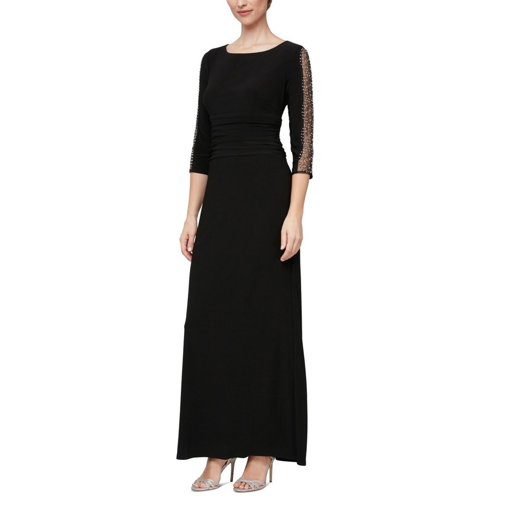 New $139 SL Fashions Ruched Beaded 3/4-Sleeve Gown Dress Women's Size 16P Black